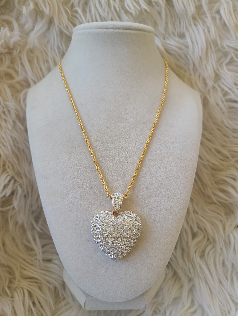 Swarovski Gold-Tone Chain Pavé Puffy Heart Pendant- Great Vintage Condition